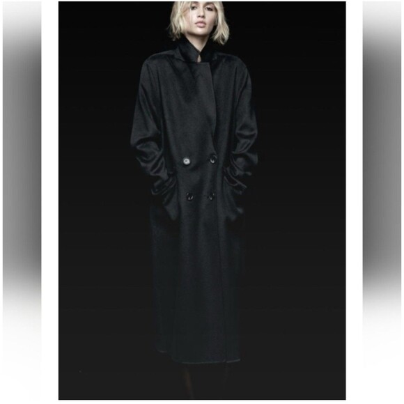 Zara Women's Medium Double Breasted Long Topcoat Peacoat Black Wool Blend - Picture 6 of 16